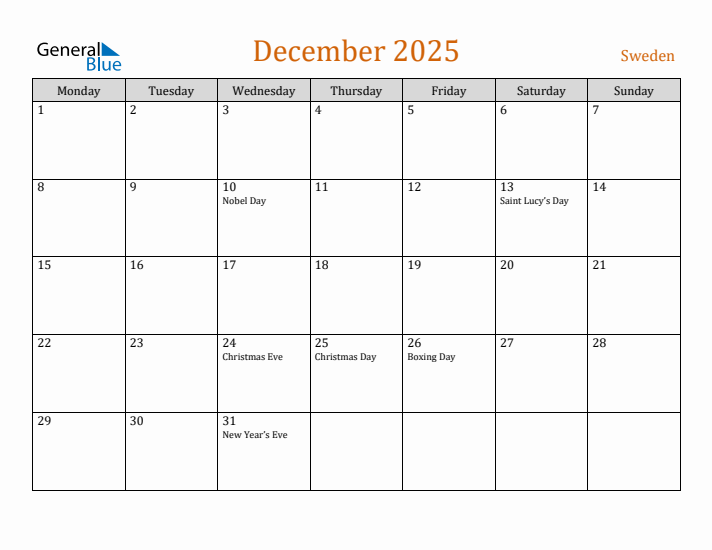 December 2025 Holiday Calendar with Monday Start