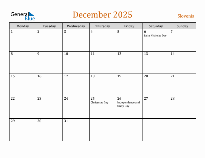 December 2025 Holiday Calendar with Monday Start