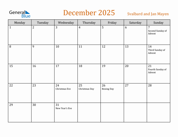 December 2025 Holiday Calendar with Monday Start