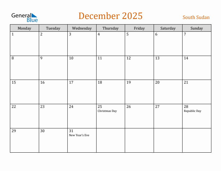 December 2025 Holiday Calendar with Monday Start