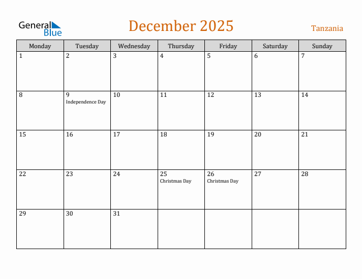 December 2025 Holiday Calendar with Monday Start