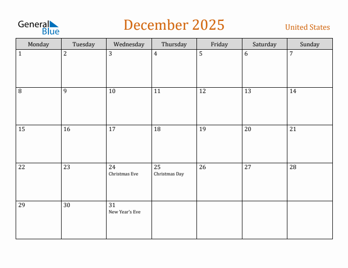 December 2025 Holiday Calendar with Monday Start