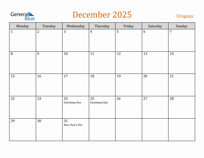 December 2025 Holiday Calendar with Monday Start