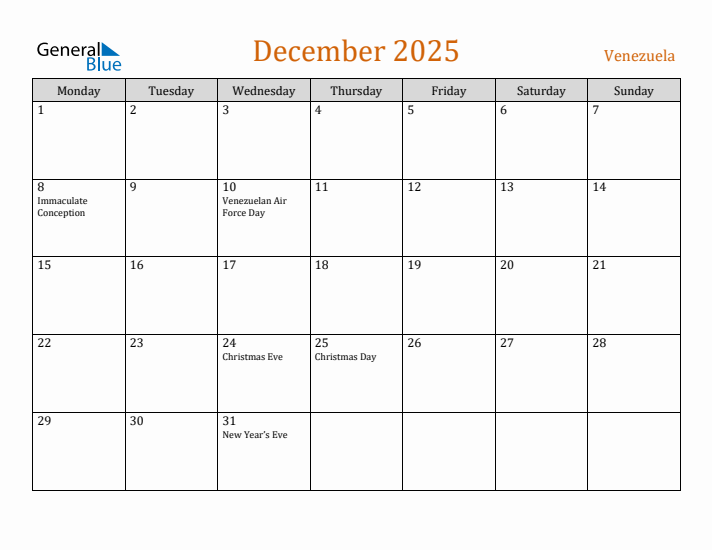 December 2025 Holiday Calendar with Monday Start