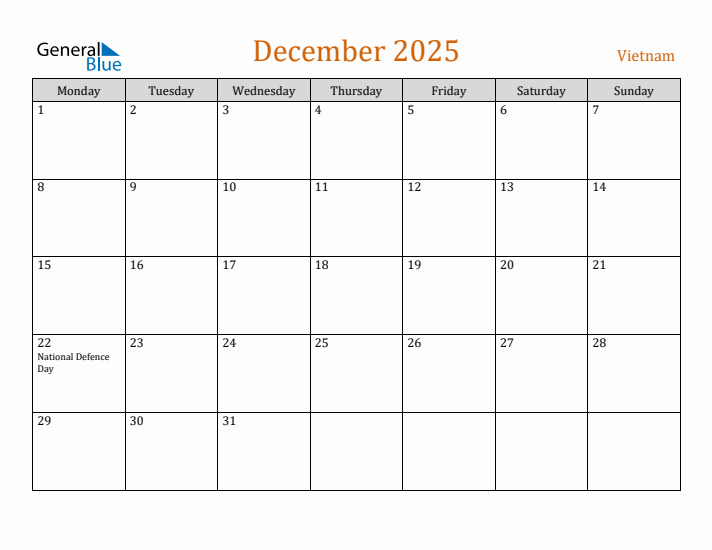 December 2025 Holiday Calendar with Monday Start