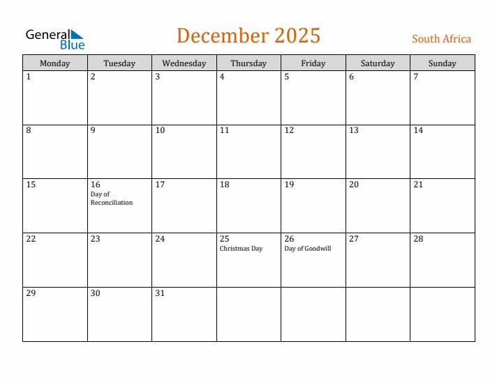 December 2025 Holiday Calendar with Monday Start