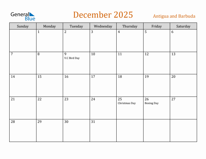 December 2025 Holiday Calendar with Sunday Start