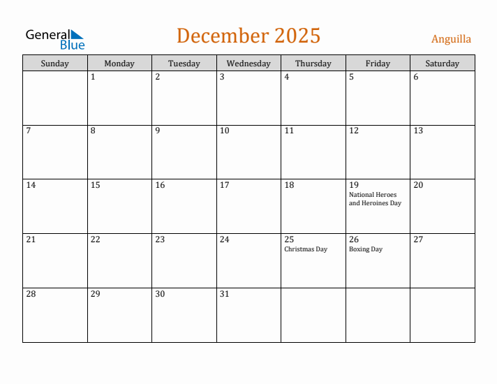 December 2025 Holiday Calendar with Sunday Start