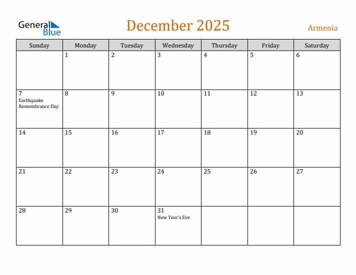 December 2025 Holiday Calendar with Sunday Start