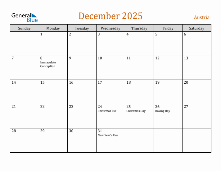 December 2025 Holiday Calendar with Sunday Start