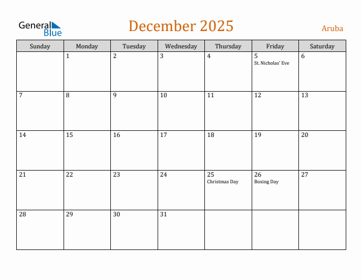 December 2025 Holiday Calendar with Sunday Start