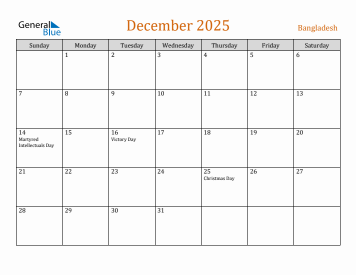 December 2025 Holiday Calendar with Sunday Start