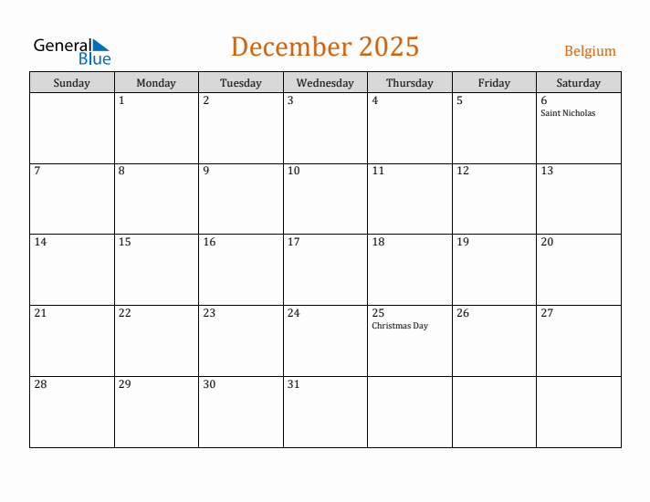 December 2025 Holiday Calendar with Sunday Start