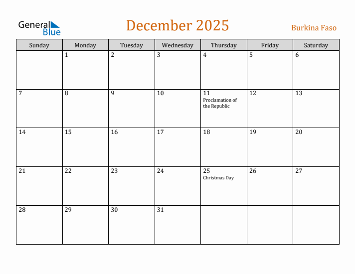 December 2025 Holiday Calendar with Sunday Start