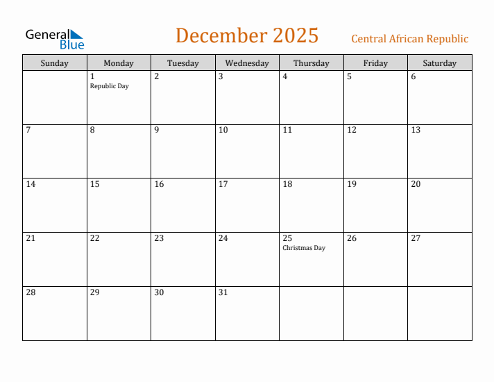 December 2025 Holiday Calendar with Sunday Start