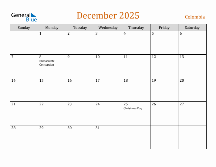 December 2025 Holiday Calendar with Sunday Start