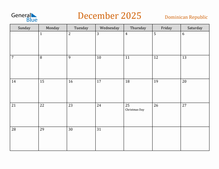 December 2025 Holiday Calendar with Sunday Start