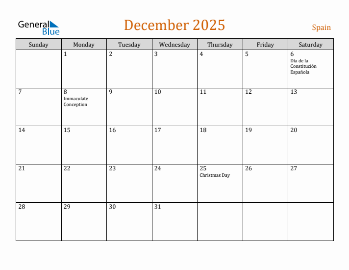 December 2025 Holiday Calendar with Sunday Start