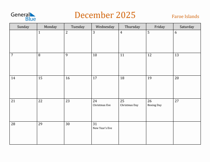 December 2025 Holiday Calendar with Sunday Start