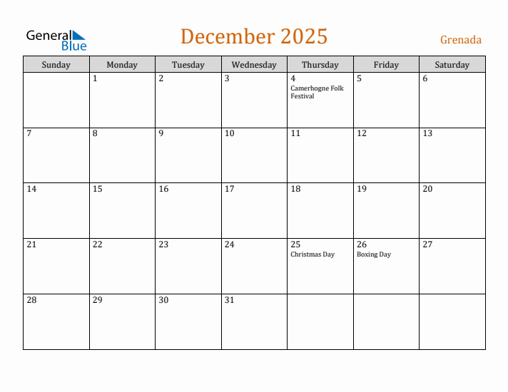 December 2025 Holiday Calendar with Sunday Start