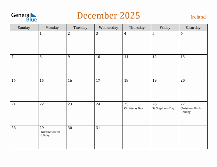 December 2025 Holiday Calendar with Sunday Start