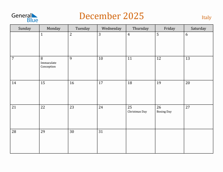 December 2025 Holiday Calendar with Sunday Start