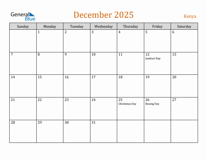 December 2025 Holiday Calendar with Sunday Start