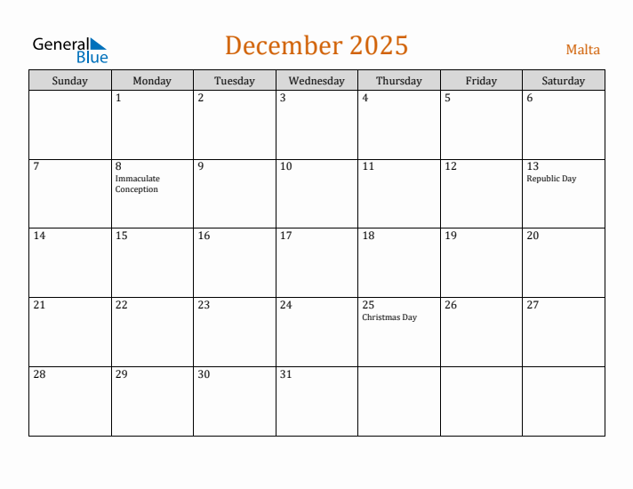 December 2025 Holiday Calendar with Sunday Start