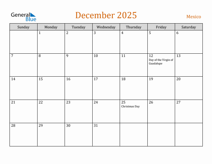 December 2025 Holiday Calendar with Sunday Start