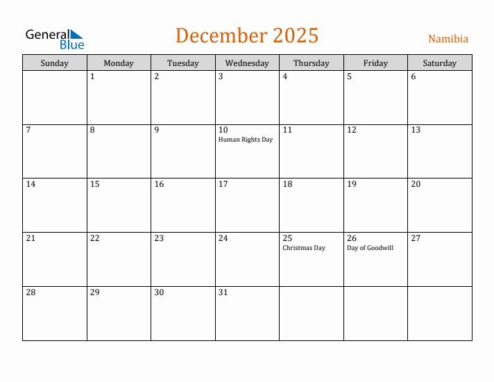 December 2025 Holiday Calendar with Sunday Start