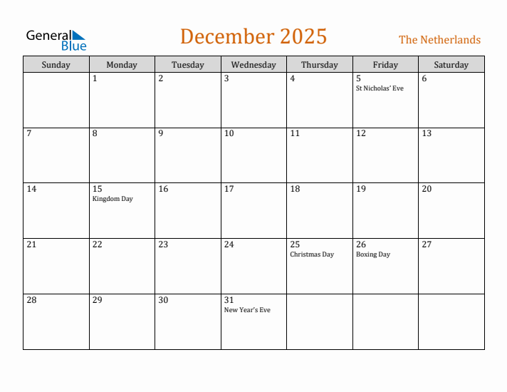 December 2025 Holiday Calendar with Sunday Start