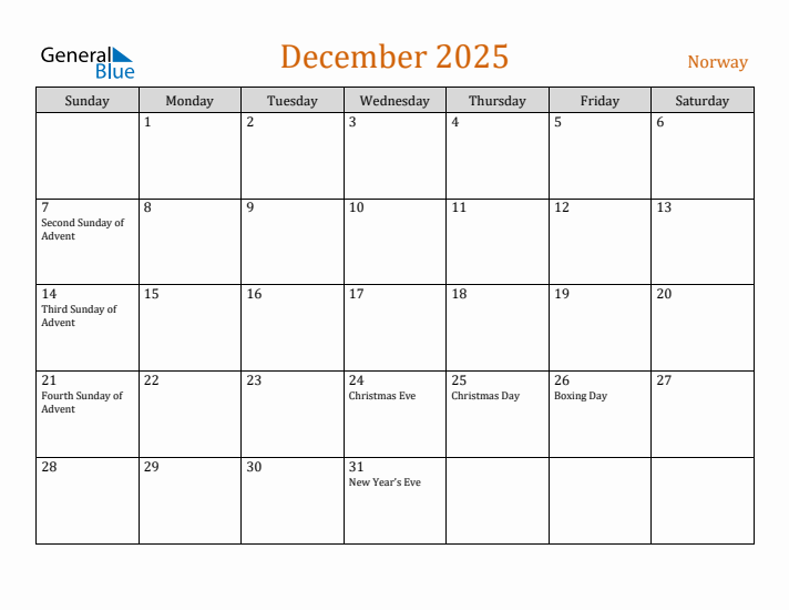 December 2025 Holiday Calendar with Sunday Start