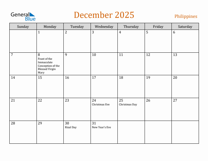 December 2025 Holiday Calendar with Sunday Start