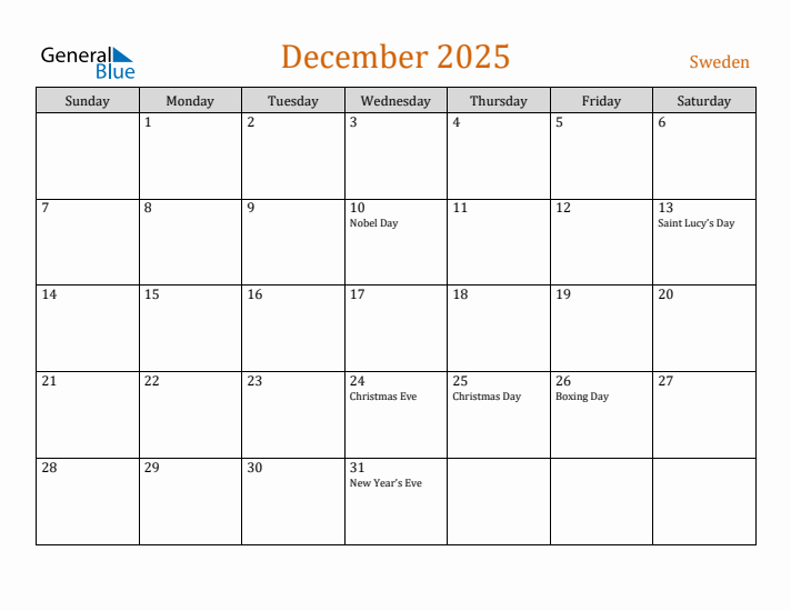 December 2025 Holiday Calendar with Sunday Start