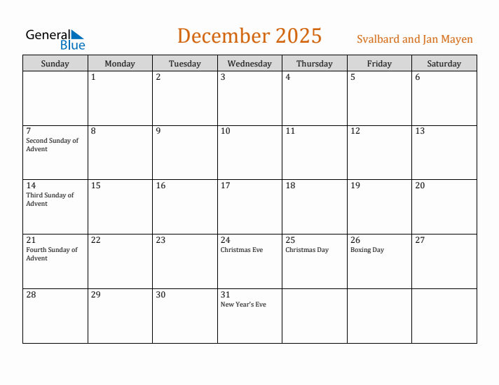 December 2025 Holiday Calendar with Sunday Start