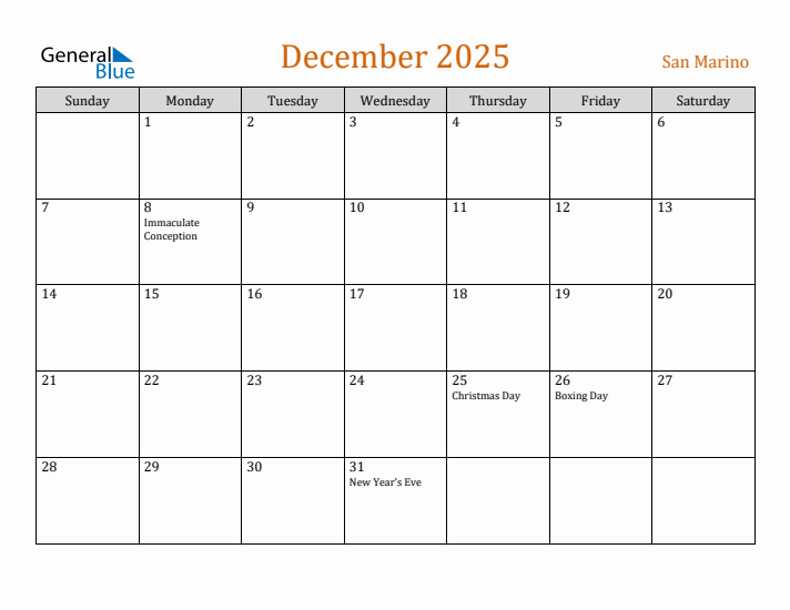 December 2025 Holiday Calendar with Sunday Start