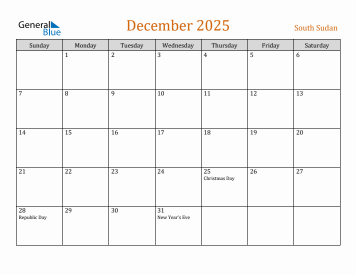 December 2025 Holiday Calendar with Sunday Start