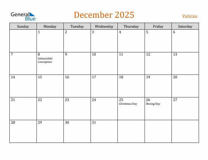 December 2025 Holiday Calendar with Sunday Start