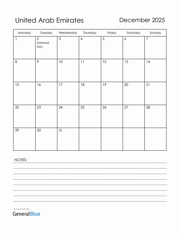 December 2025 United Arab Emirates Calendar with Holidays (Monday Start)