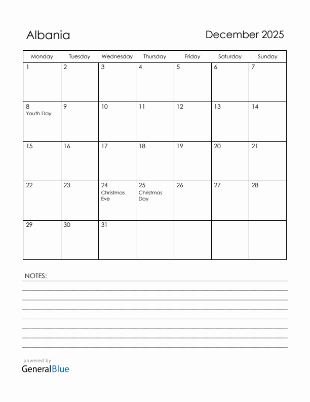 December 2025 Albania Calendar with Holidays (Monday Start)