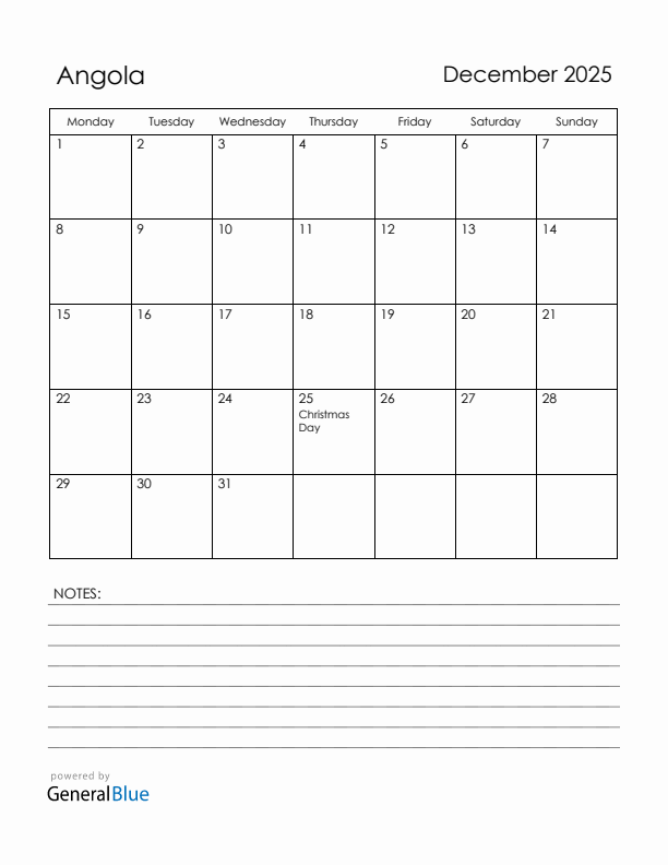 December 2025 Angola Calendar with Holidays (Monday Start)