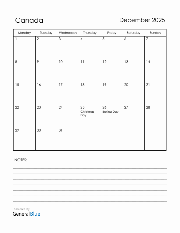 December 2025 Canada Calendar with Holidays (Monday Start)