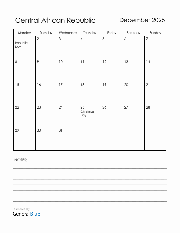 December 2025 Central African Republic Calendar with Holidays (Monday Start)