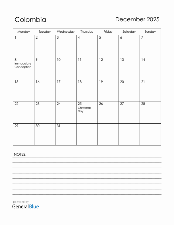 December 2025 Colombia Calendar with Holidays (Monday Start)