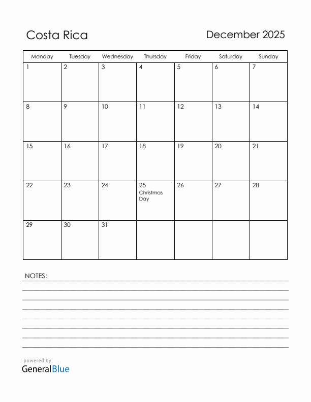 December 2025 Costa Rica Calendar with Holidays (Monday Start)