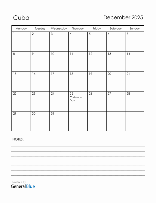 December 2025 Cuba Calendar with Holidays (Monday Start)