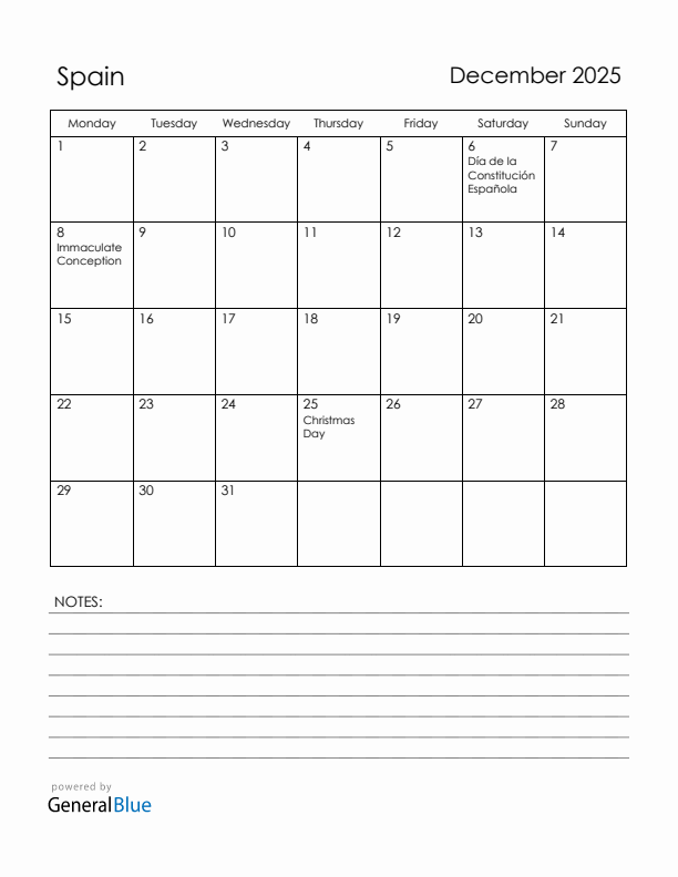December 2025 Spain Calendar with Holidays (Monday Start)