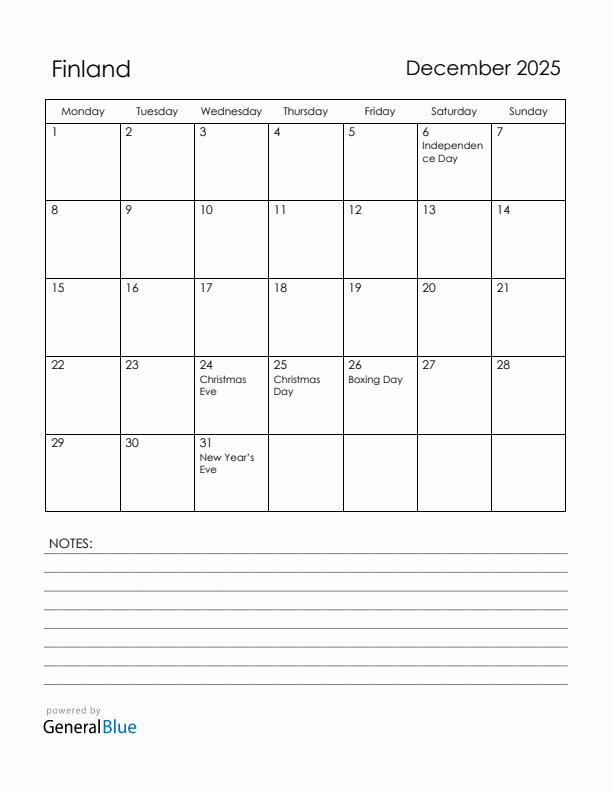 December 2025 Finland Calendar with Holidays (Monday Start)
