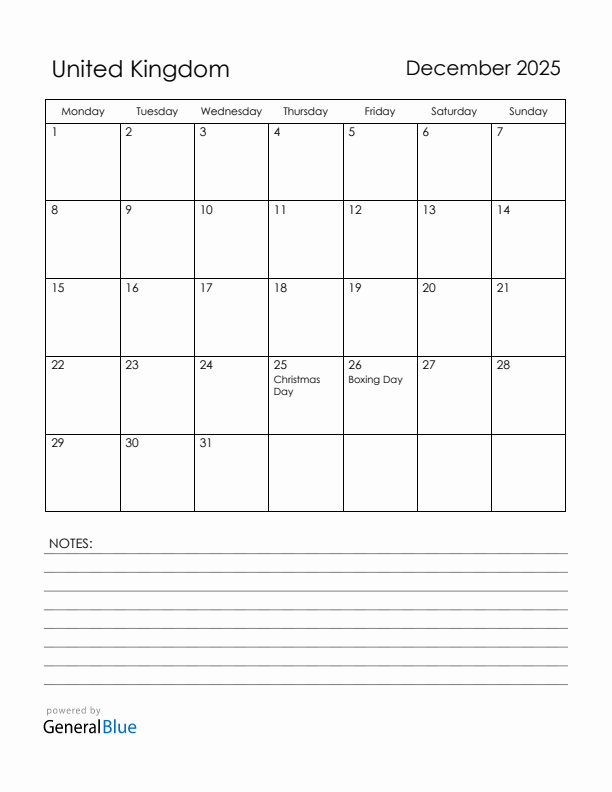 December 2025 United Kingdom Calendar with Holidays (Monday Start)