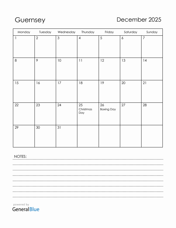 December 2025 Guernsey Calendar with Holidays (Monday Start)